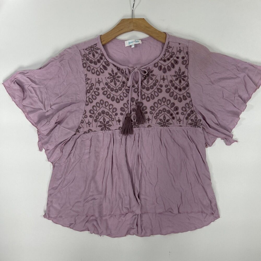 Grace & Lace Lavender Blouse Women’s Small, Embroidered Boho Babydoll SS Tie